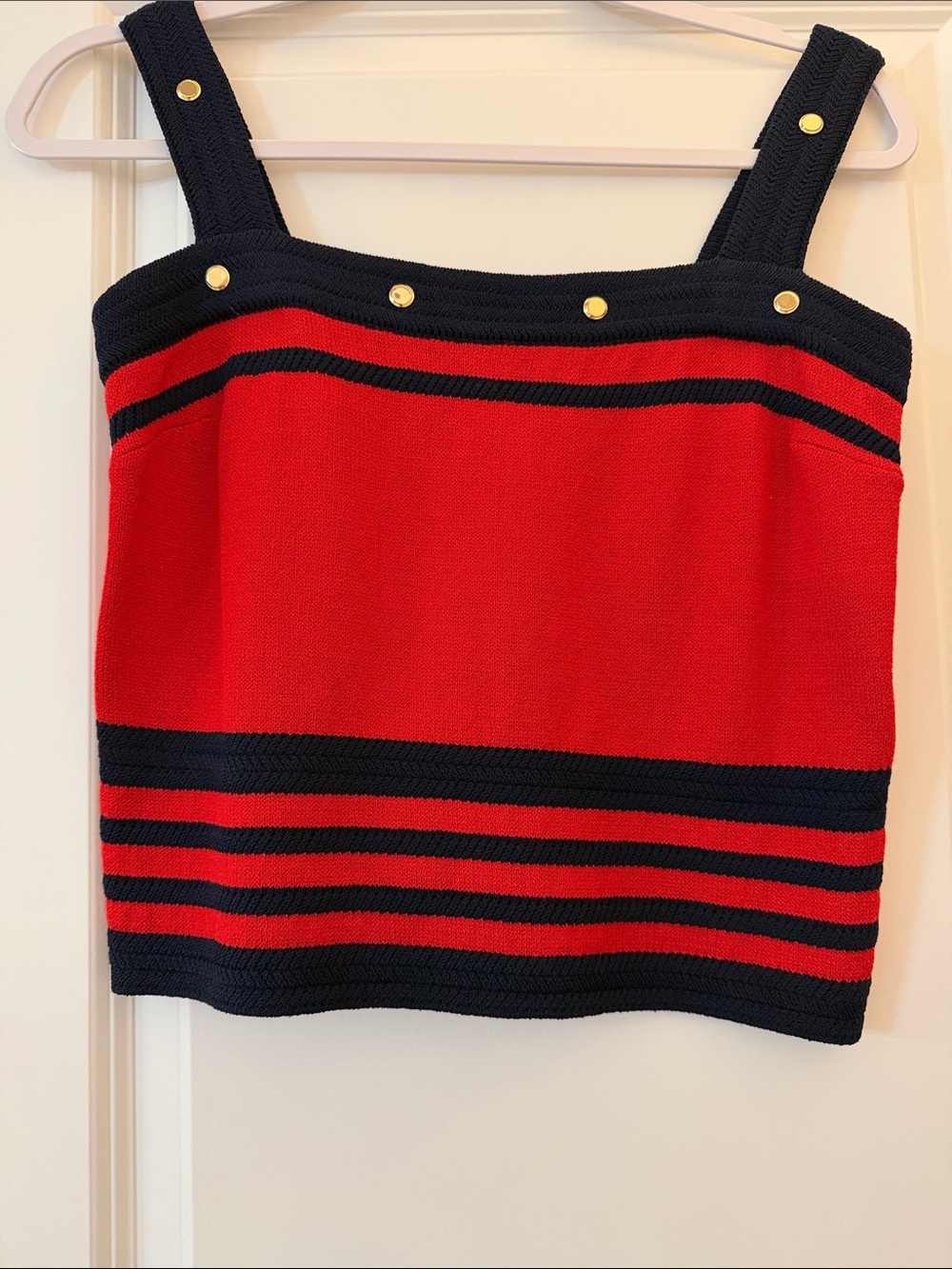 St. John Red and Navy Knit Top with Gold Buttons
